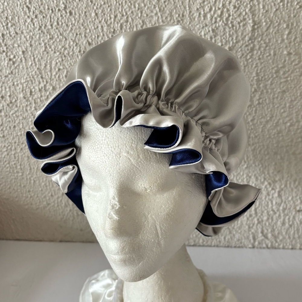 Reversible Satin Sleep Bonnet – Navy Blue & Silver – Extra Large, Elastic Fit - Picture 4 of 16